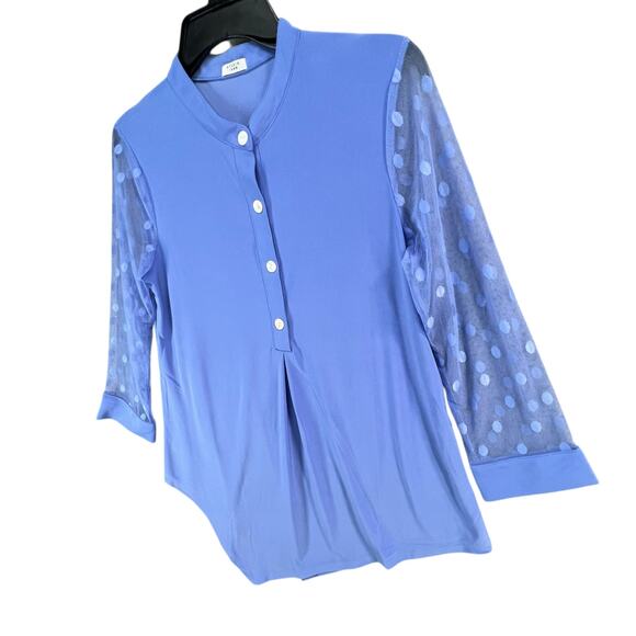 Studio 1886 Asymmetrical Top Womens S Blue Polka Dot Mesh Sleeves Button Modern - Picture 3 of 14